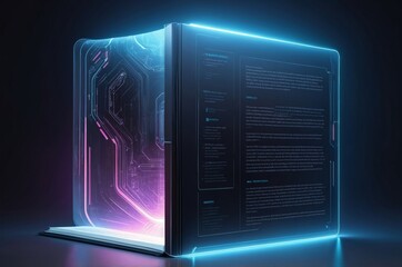 Fototapeta premium Futuristic book with glowing circuit board and text on dark background