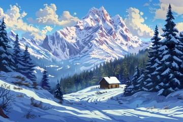 Fototapeta premium Snowy Mountain Cabin Landscape