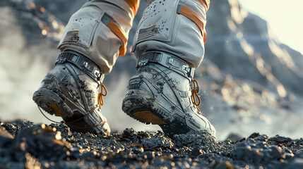 A person in a space suit is walking on a rocky surface