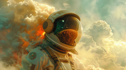 A man in a space suit is standing in front of a cloud
