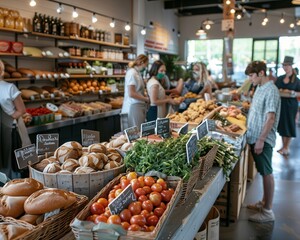 Obraz premium a group of people standing around a store filled with lots of food