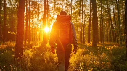 Misty Morning Stroll: Traveler Amidst Forest Sunrise