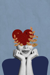 Vertical photo collage of happy girl half face heart shape plant branch valentine day celebration...