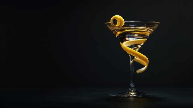 Elegant martini glass with a twist of lemon peel against a dark background, perfect for cocktail and drink themed designs.