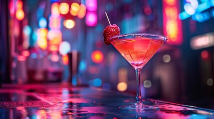 Vibrant nightclub scene with a delicious cocktail in a martini glass, highlighted by colorful neon lights and a lively ambiance.