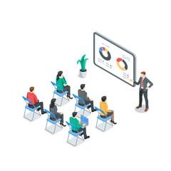 isometric vector business people at a presentation or course, in color on a white background, office work or business training