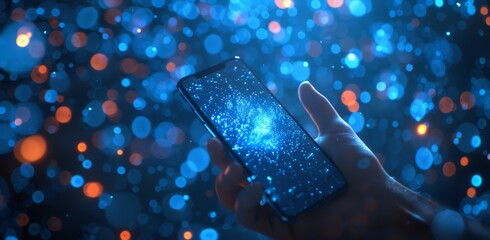 Smartphone of the future, hand holding mobile phone with hologram glowing, magic smartphone, energy jets around the smartphone screen