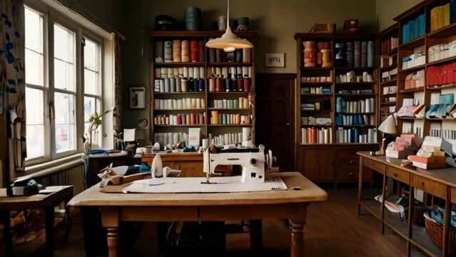 Sewing Shop with Sewing Machine and Spools of Thread