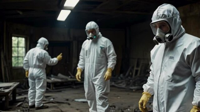  Group of People in Hazmat Suits against Radiation in a radiactive area