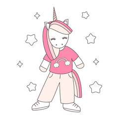 cute hand drawn cartoon character unicorn in pink tshirt with rainbow funny vector illustration
