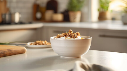 a small bowl of Greek yogurt topped with honey and granola, placed on a sleek, white countertop with a modern kitchen backdrop