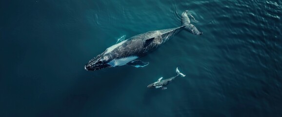 Fototapeta premium Aerial Top View Of A Whale Swimming With Its Baby In Deep Blue Seawater,High Resolution, Ultra HD