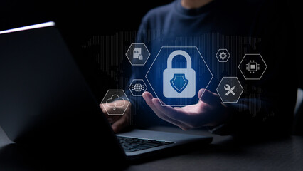 Businessman protecting personal data on smartphone, virtual screen interfaces. cyber security.