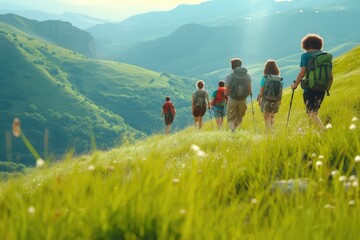 Cheerful Young Hikers Embracing Nature in Mountain Landscape