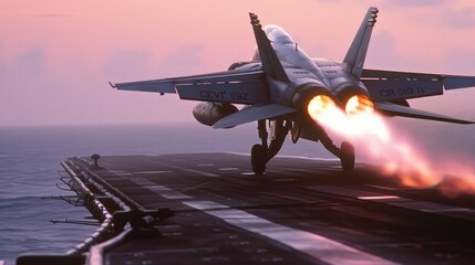 Sunrise Strike: Fighter Jet Takes Off with Afterburners