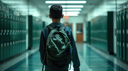 Hallway Scene in Middle School with Young Student