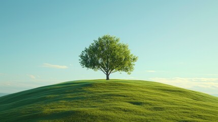 Obraz premium Nature's Serenity: Solitary Tree on Green Hill