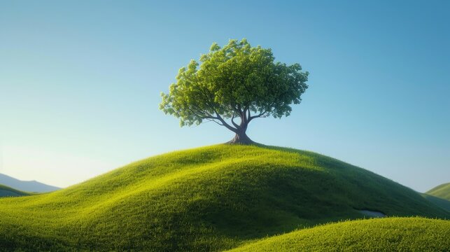 Tranquil Solitude: Lone Tree on Verdant Hill
