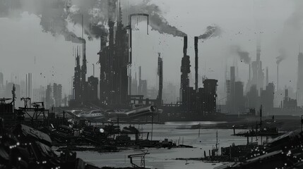 Wasteland of electronic parts, dystopian future, stark contrasts, black and white sketch style