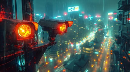 Surveillance Cameras in a Rainy Cyberpunk Cityscape - Generative AI