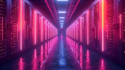Fototapeta premium Futuristic Data Center with Neon Lights - Generative AI
