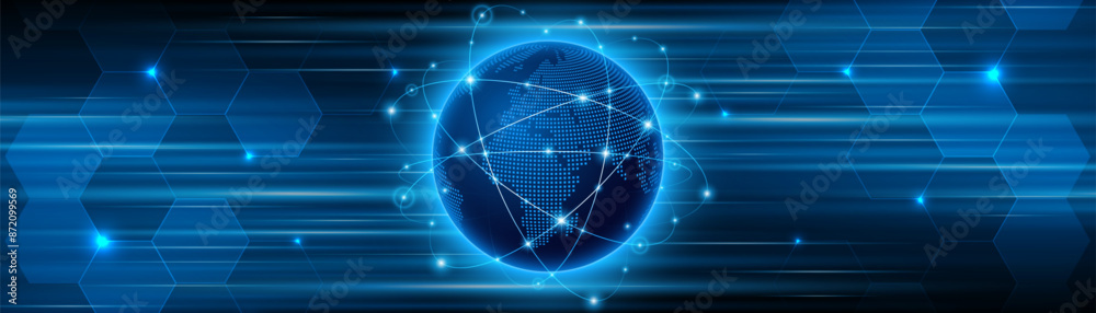 Fototapete Global connection network background. World map. High-speed internet technology concept or fast wireless data transmission. modern internet network connection technology background	