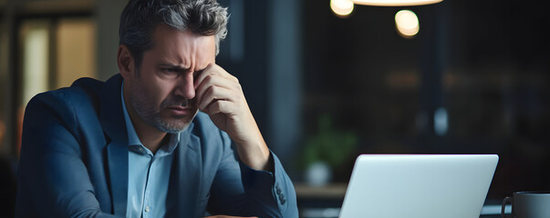 Businessman working on laptop overtime from office at night. Portrait of seriously focused man with headache. Remote work, deadline concept. Business executive  feeling tired for overload job. 