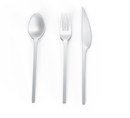 Set of new metal spoons on white background 3d render