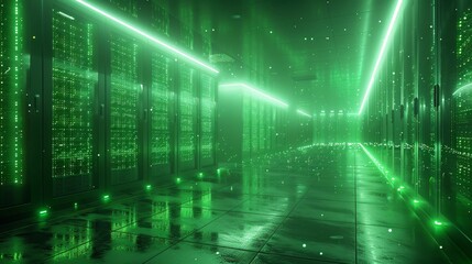Futuristic Green Data Center with Glowing Servers - Generative AI