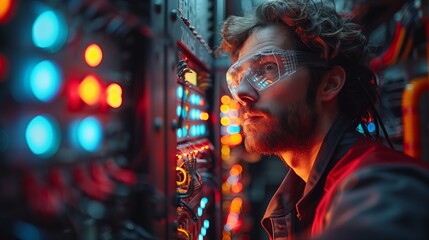 A Man Wearing Safety Glasses Works On A Complex Network In A Brightly Lit Data Center