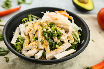 Stir meat and fish for lemon with carrot, onion, spring onion and cabbage served in broth isolated on background side view of hong kong food
