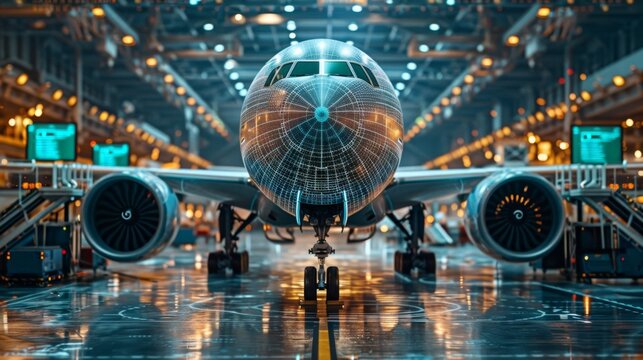 Front View of Aircraft in High-Tech Hangar - Generative AI