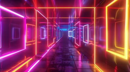 Bright neon tunnel with rotating square frames, seamless 3D animation, abstract design