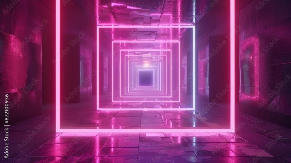 Leinwandbilder Seamless looped 3D animation of neon tunnel with rotating square frames, colorful abstract background