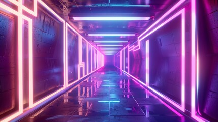 Looped 3D animation of neon tunnel with rotating square frames, vibrant colors, abstract background