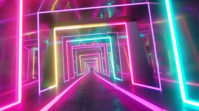 Looped 3D animation of neon tunnel with rotating square frames, vibrant colors, abstract background