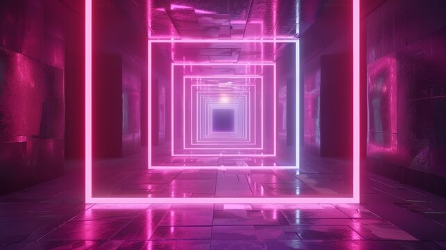 Seamless looped 3D animation of neon tunnel with rotating square frames, colorful abstract background
