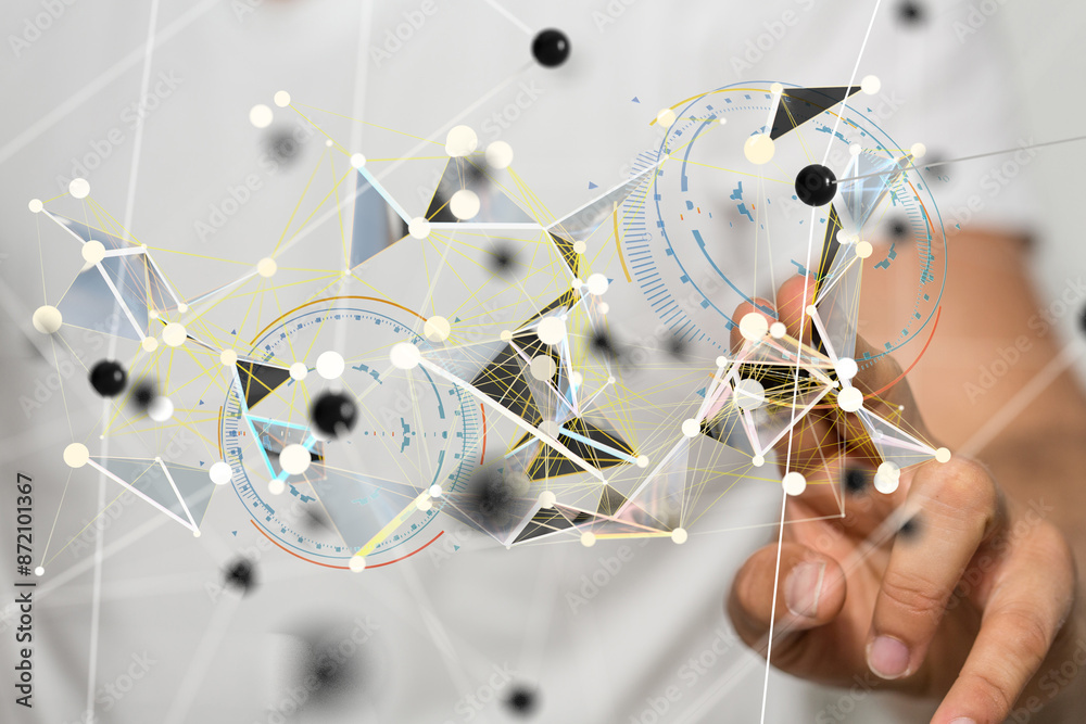 Poster Neural network 3D illustration. Big data and cybersecurity
