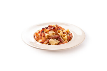 Mezzi rigatoni alla gricia, tipica pasta della cucina romana, cibo italiano, gastronomia europea 