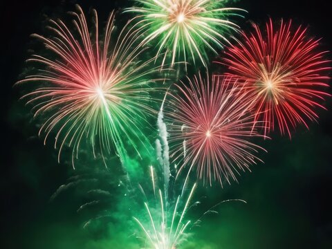 Fuegos artificiales con los colores de la bandera mexicana: verde, blanco y rojo.