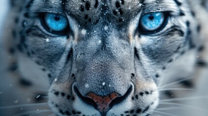 A close-up of a snow leopard, with its piercing blue eyes and thick, spotted fur.