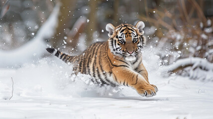 Obraz premium A siberian tiger cub running in the snow