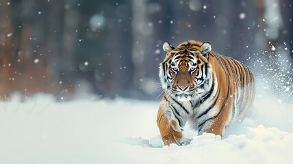Obraz premium A siberian tiger running in the snow