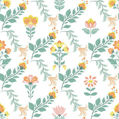 Seamless pattern with folk art design elements. Folk vector illustration with hares and Easter eggs on a white background. Scandinavian traditional motif, perfect for textiles, home decor, stationery