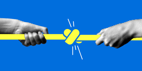 Modern collage with two hands tie a knot in a rope. Tug of war. Two hands pull on a rope with a knot in the middle. Strong connections concept. Successful business deal. Newspaper elements © Morena
