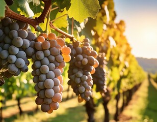 Fototapeta premium In einem sonnenverwöhnten Weinberg hängen leuchtende Trauben an den Reben und versprechen die reichen Aromen der Sommerfülle, die in jeder prallen Frucht eingefangen sind.