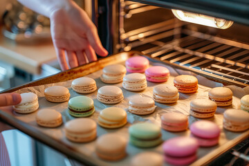 Baker takes out of oven baking sheet with macarons cookies, close up