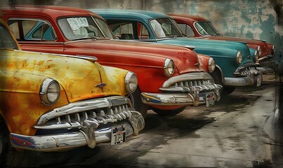 Vintage Cars in a Row, Cuba