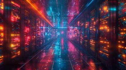 Futuristic Data Center with Vibrant Neon Lights - Generative AI