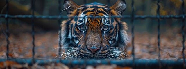 A close-up of a tiger behind the bars of its enclosure, highlighting its intense gaze and majestic stripes.